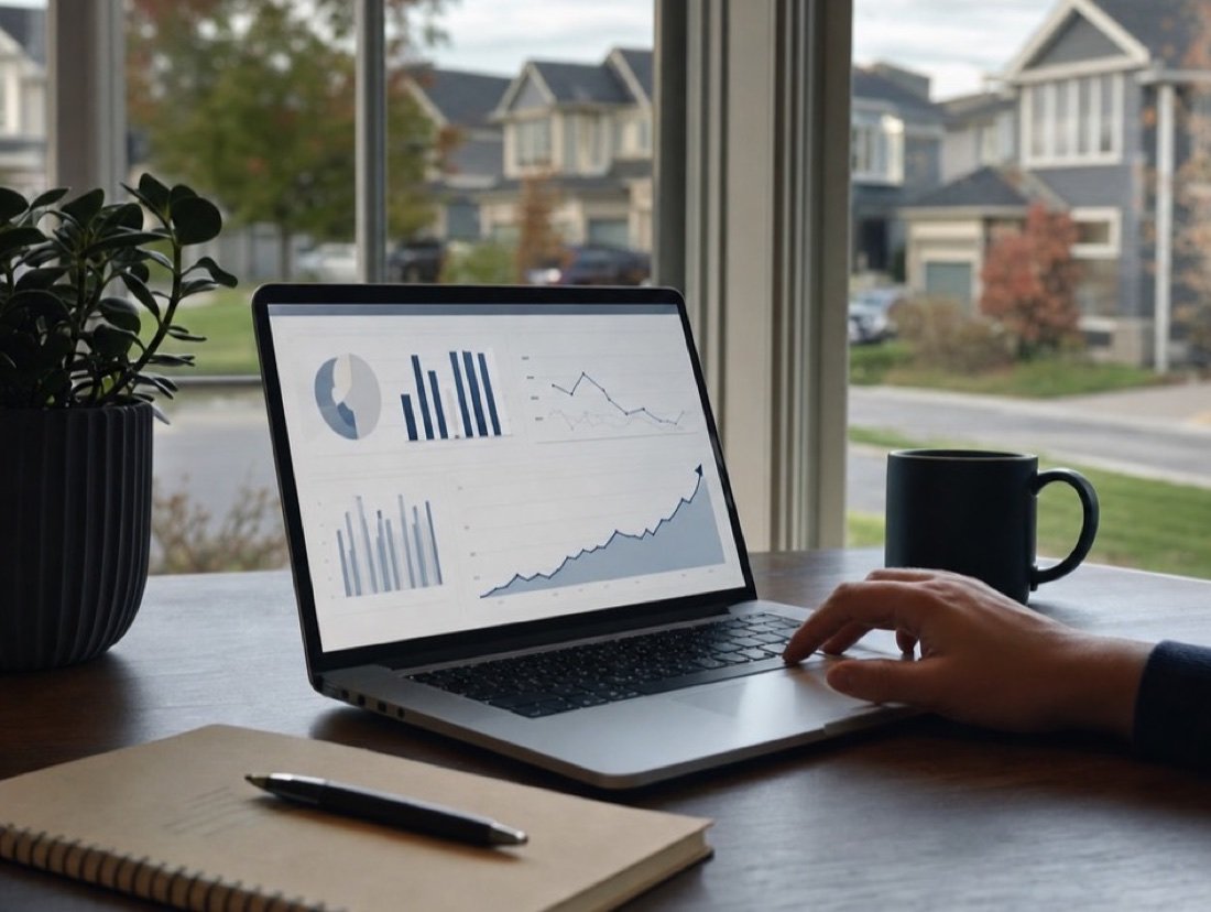 Laptop with advertising performance charts beside a window looking onto a residential street
