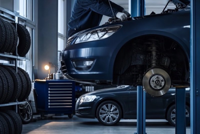 Sedan raised on a lift in a clean service bay with tires racked along the wall, everyday work in the auto repair industry