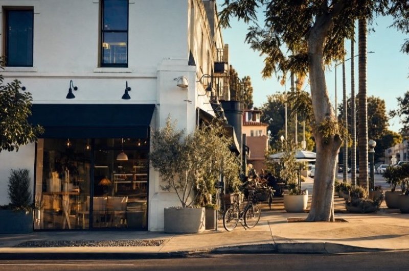 White corner shop with a dark awning, potted olive trees and a parked bicycle on a sunny sidewalk with palms