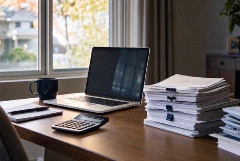 Neat desk holding a laptop, a calculator and piles of sorted tax forms