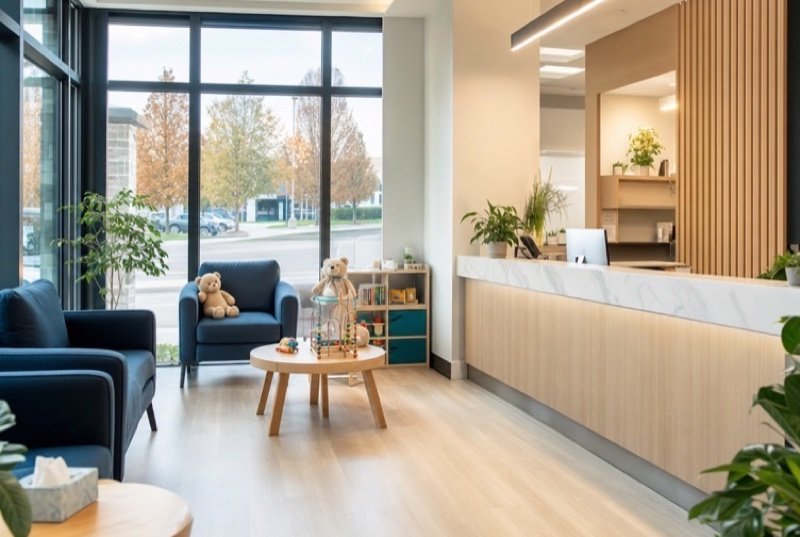 Family dental waiting room with a pale wood front desk, blue armchairs and a play corner, typical of the dental industry
