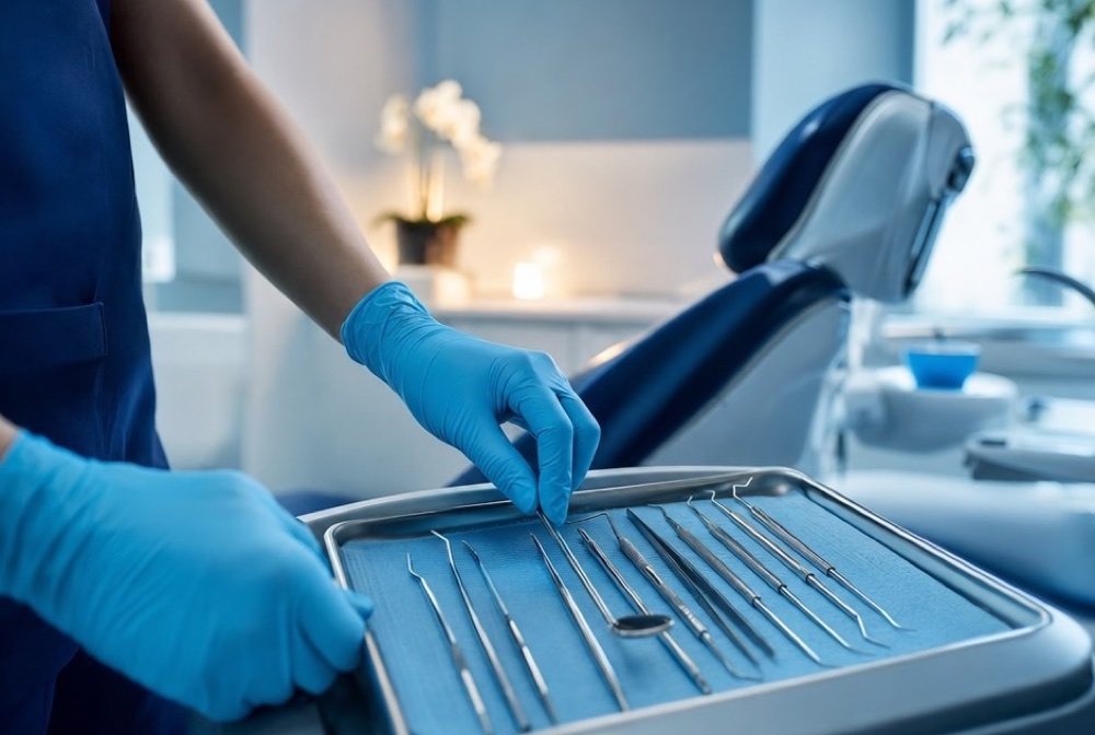 Gloved hands of a dental assistant laying instruments out on a tray next to a patient chair