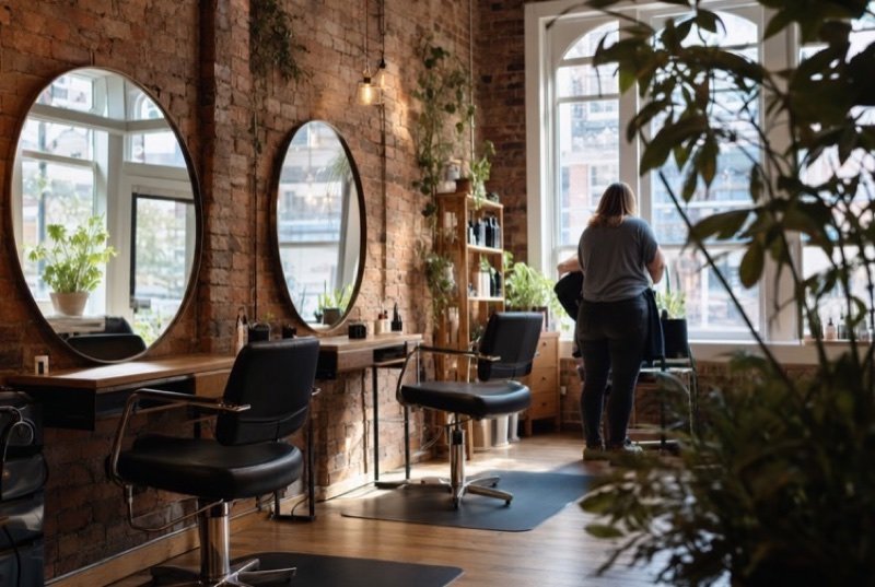 Round mirrors on a bare brick wall above empty styling chairs, a familiar scene in the beauty industry