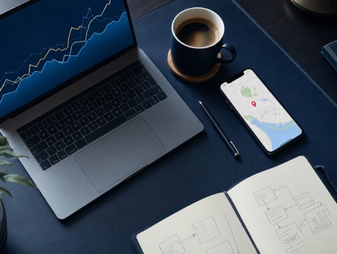 A laptop showing a line chart beside a phone with a map, a coffee and an open notebook on a dark desk