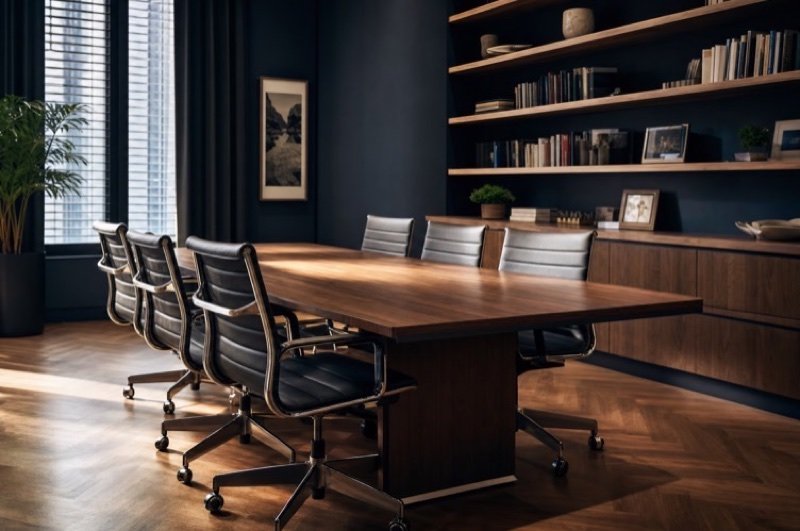 Quiet meeting room with a long wooden table, leather chairs and dark bookshelves, a setting familiar across the legal industry