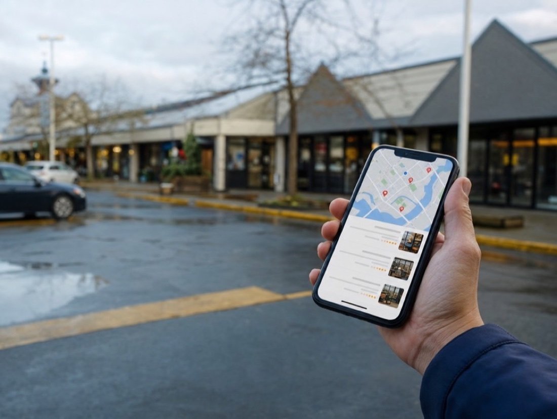 Phone held up showing map results, with plaza storefronts out of focus behind it