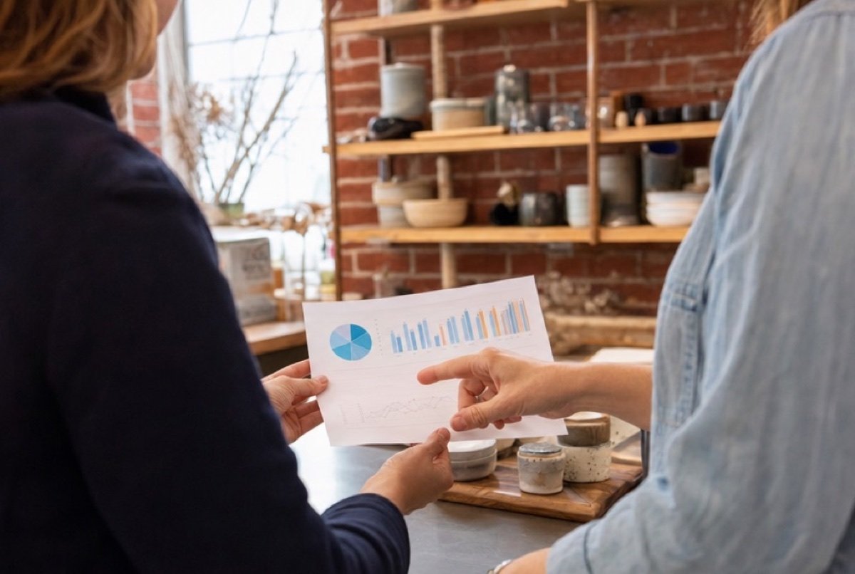 Two people bent over a single-page chart at a shop counter, stocked shelves in the background