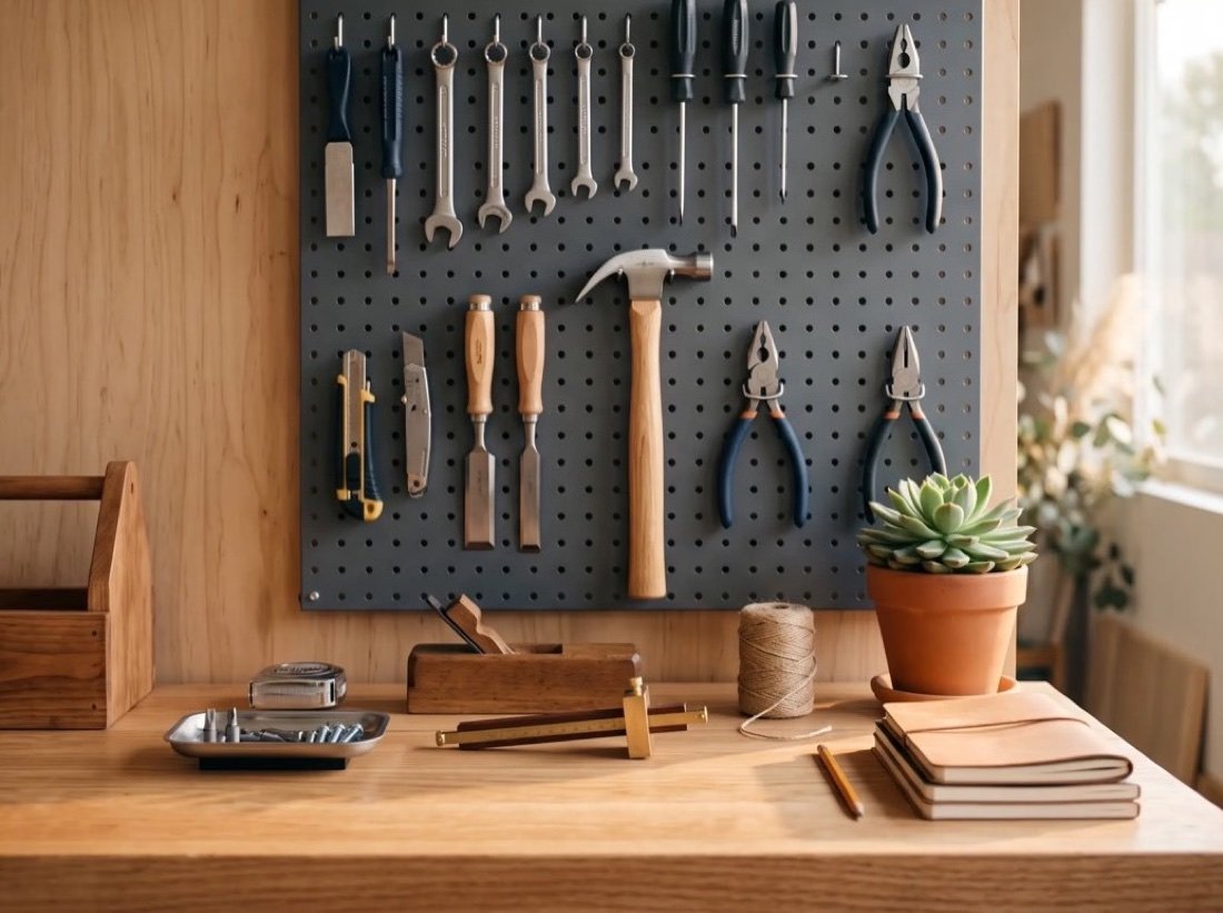 Tidy workbench with hand tools on a pegboard, a small plant and a wooden toolbox