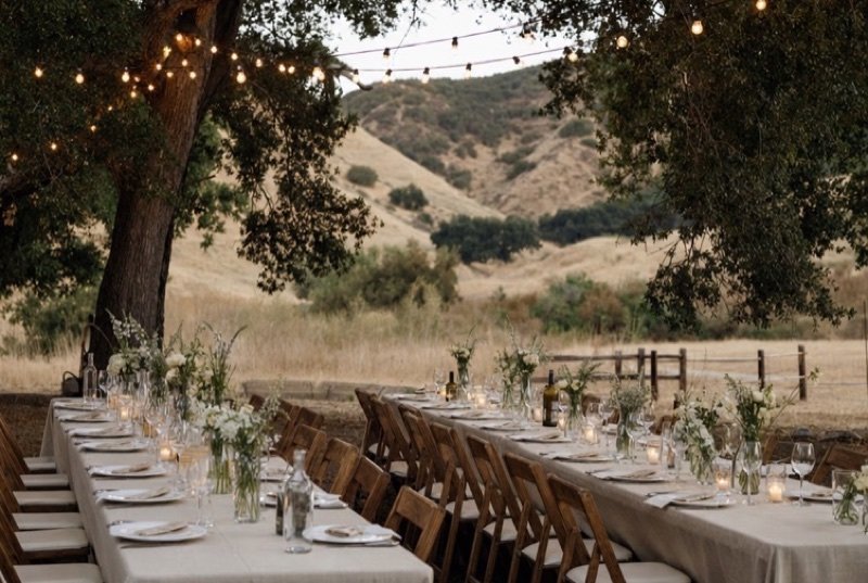 Outdoor dinner tables dressed in white linen and small bouquets, shaded by old oak trees as evening comes on