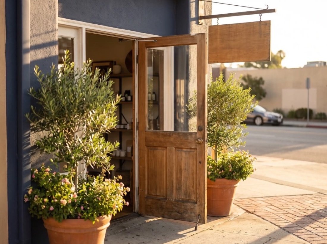 Old wooden shop door propped open between potted olive trees and flowers on a sunny sidewalk
