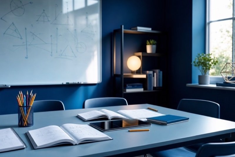 Small tutoring room with open workbooks, pencils and a tablet on the table and geometry on a whiteboard