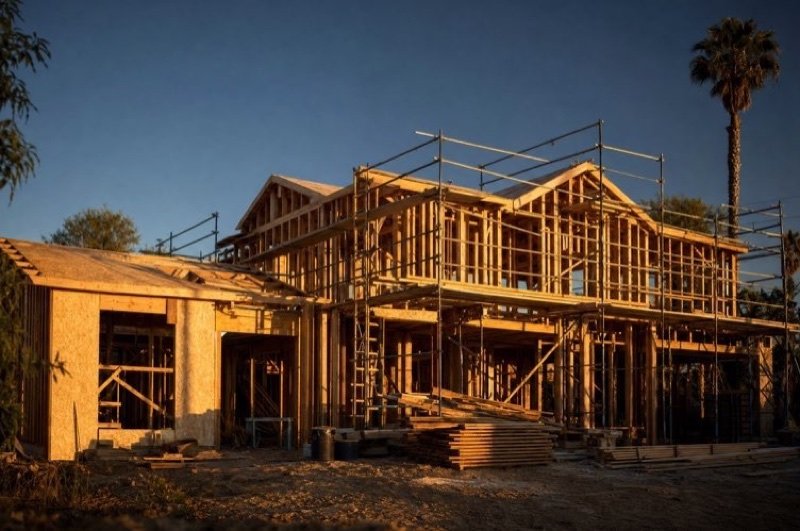 Wood framing rising on a residential building site