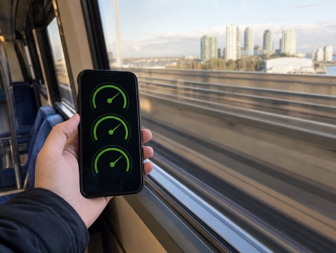Phone showing green speed gauges, held inside a moving light-rail car