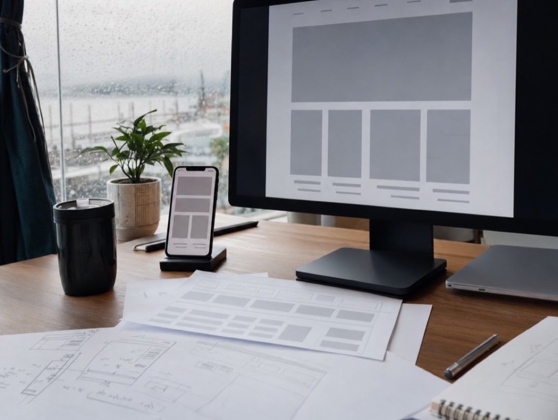 Rough page mockups in gray on a computer screen and a phone, with hand-drawn sketches and a rain-streaked window