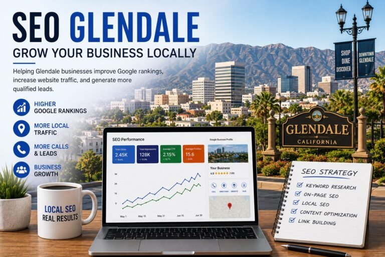 Graphic: “SEO Glendale, Grow Your Business Locally”, with a laptop dashboard tracking online visibility and mountains behind